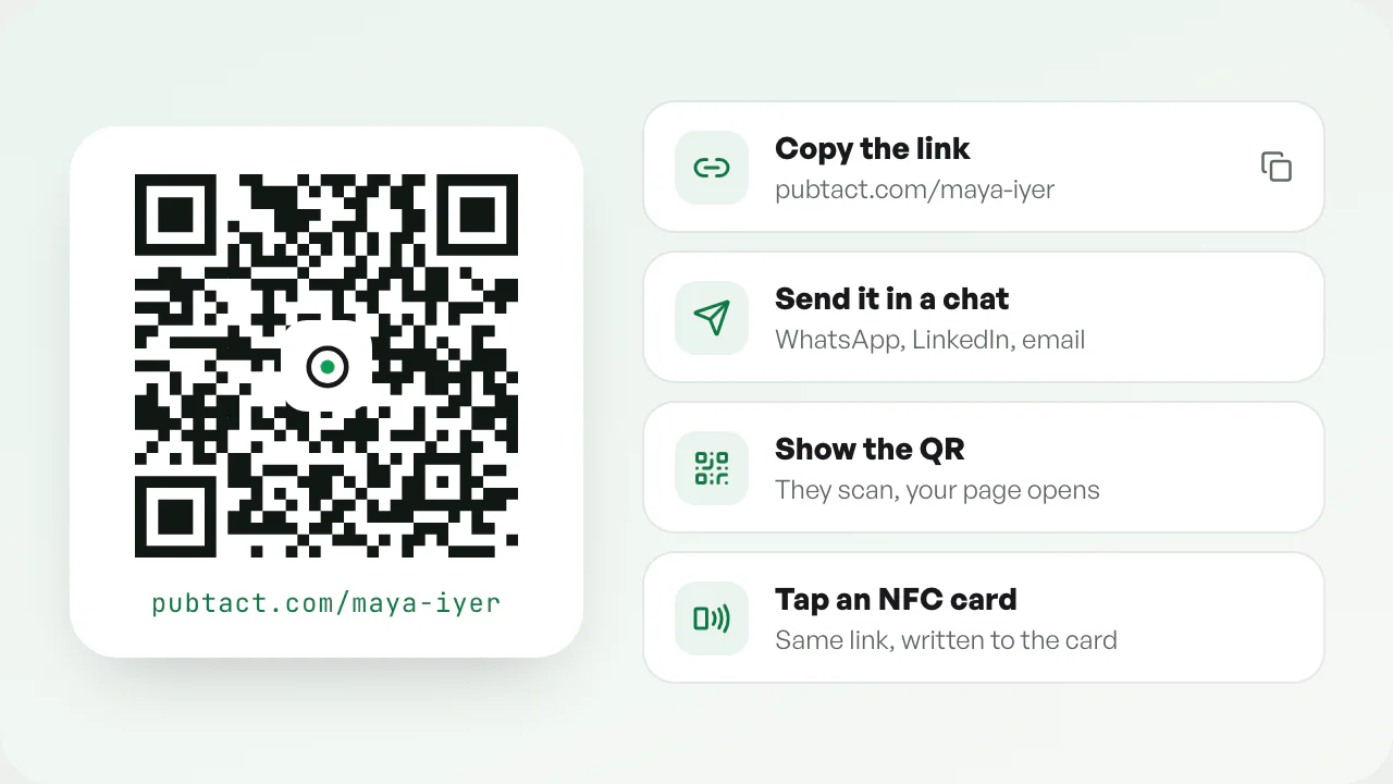 A QR code for pubtact.com/maya-iyer with share buttons
