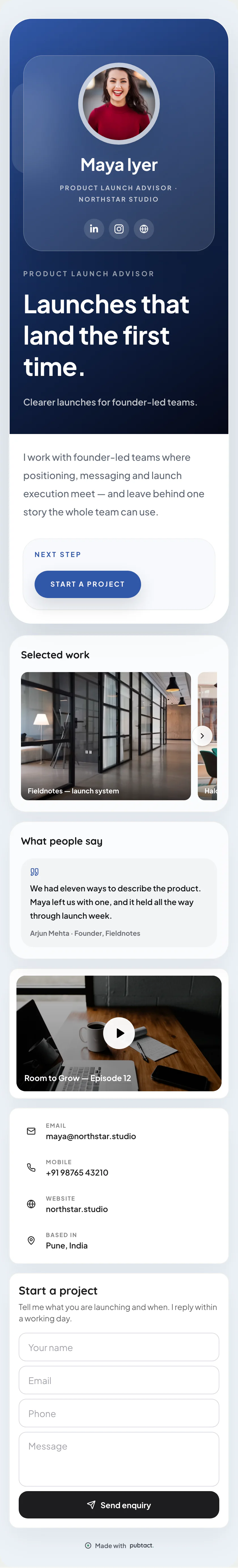 Executive Signal: a published Pubtact about page, top to bottom