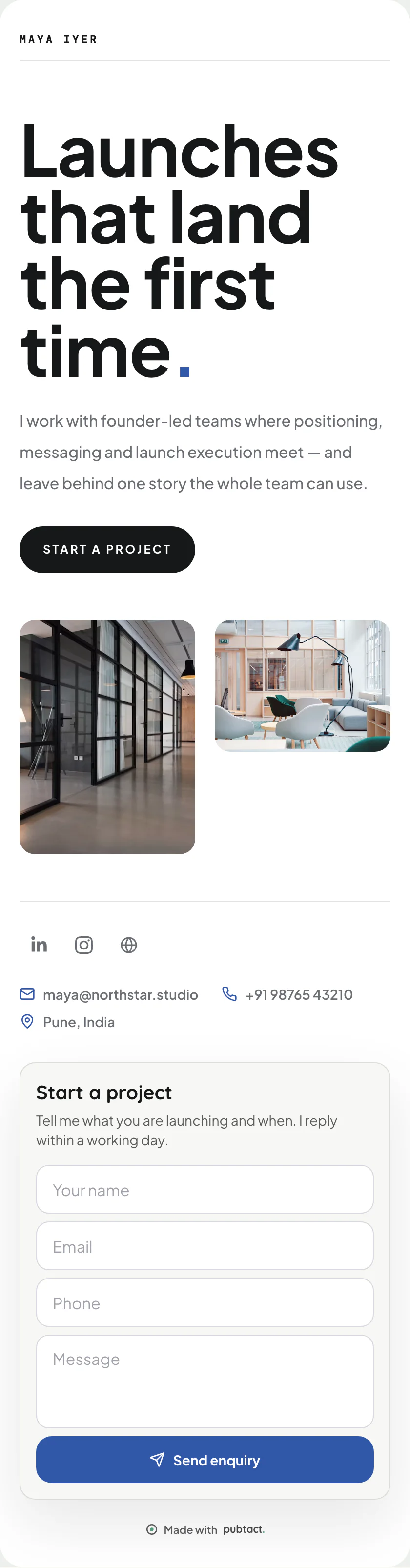Hello: a published Pubtact about page, top to bottom