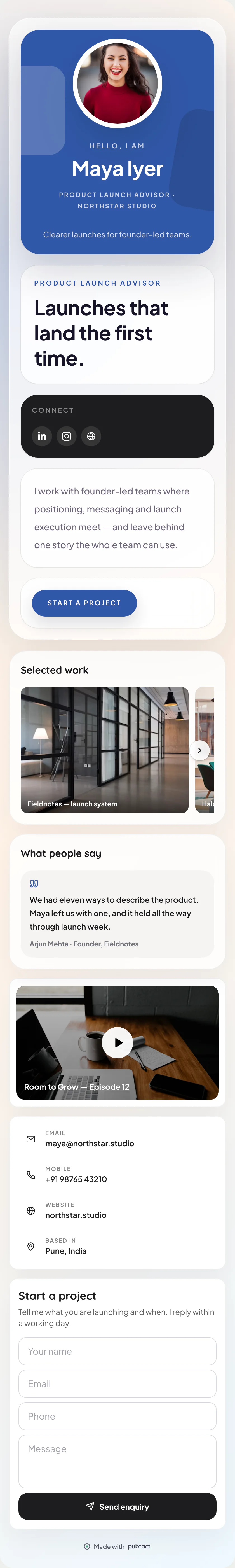 Mosaic Portfolio: a published Pubtact about page, top to bottom