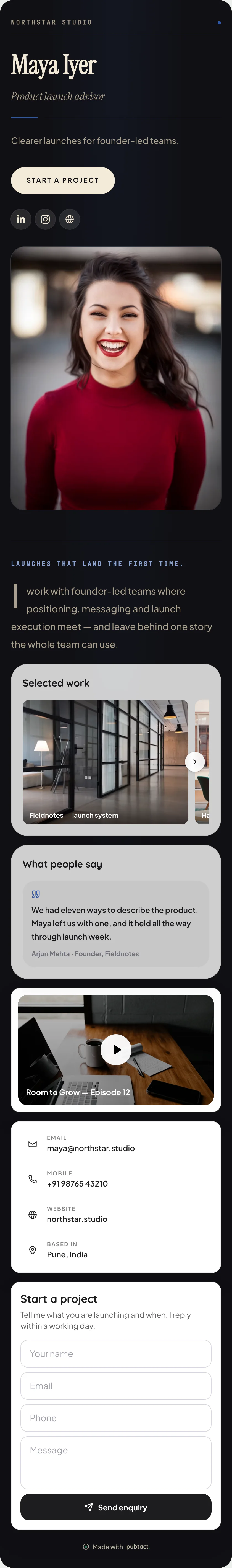 Feature: a published Pubtact about page, top to bottom