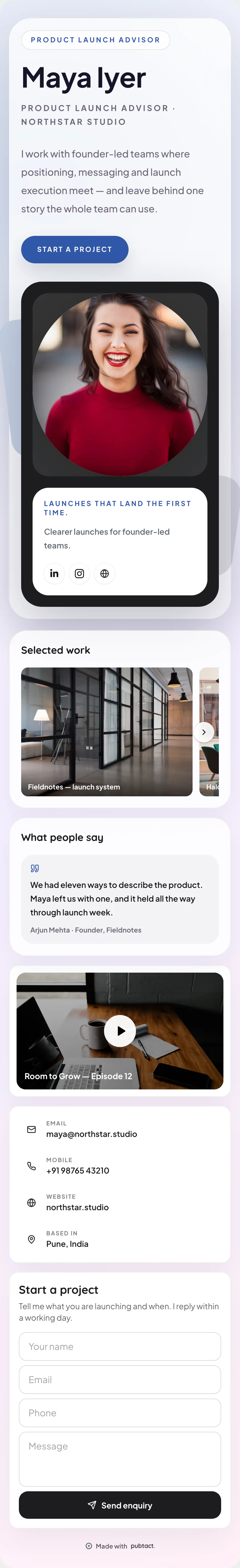 Prism Portfolio: a published Pubtact about page, top to bottom
