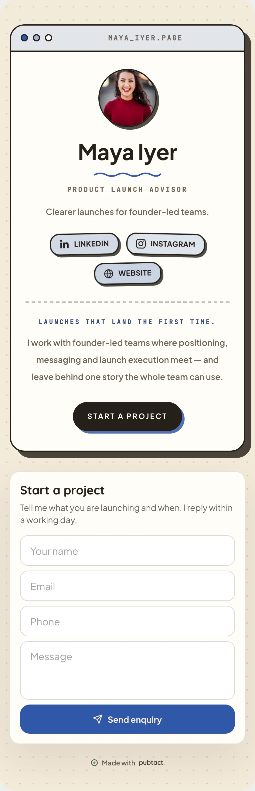 Desk Window: a published Pubtact about page, top to bottom