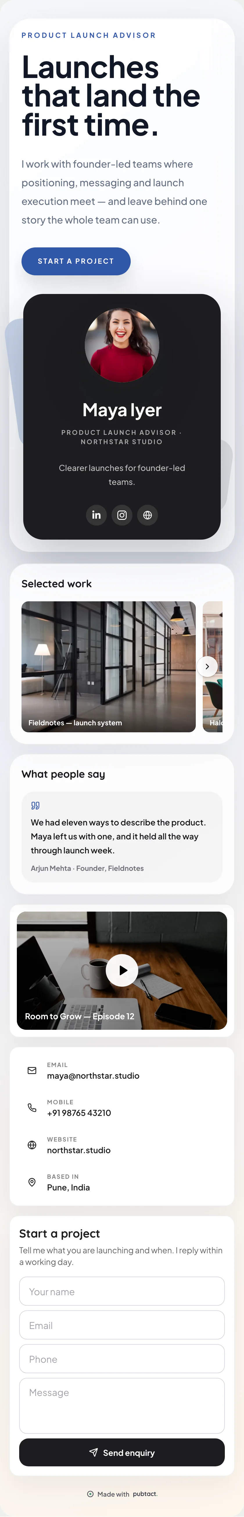 A finished digital business card for freelancers, built on Spotlight Story — the whole page