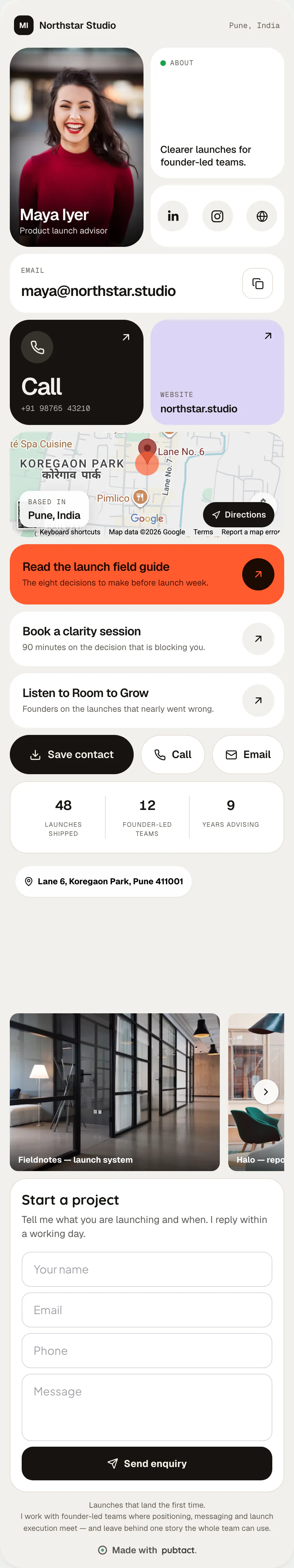 Bento: a published Pubtact contact card, top to bottom