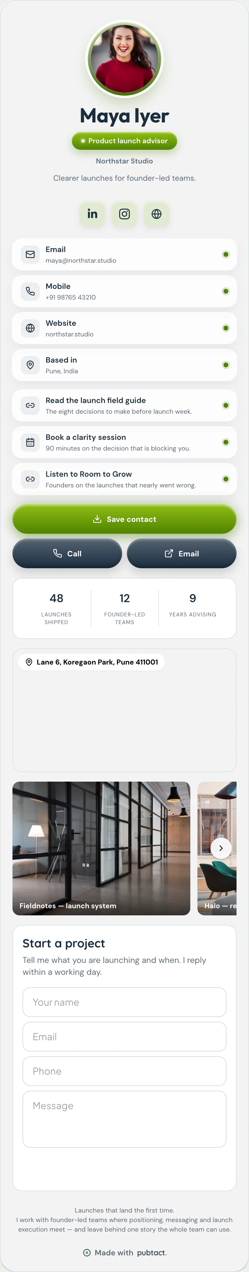 Candy: a published Pubtact contact card, top to bottom