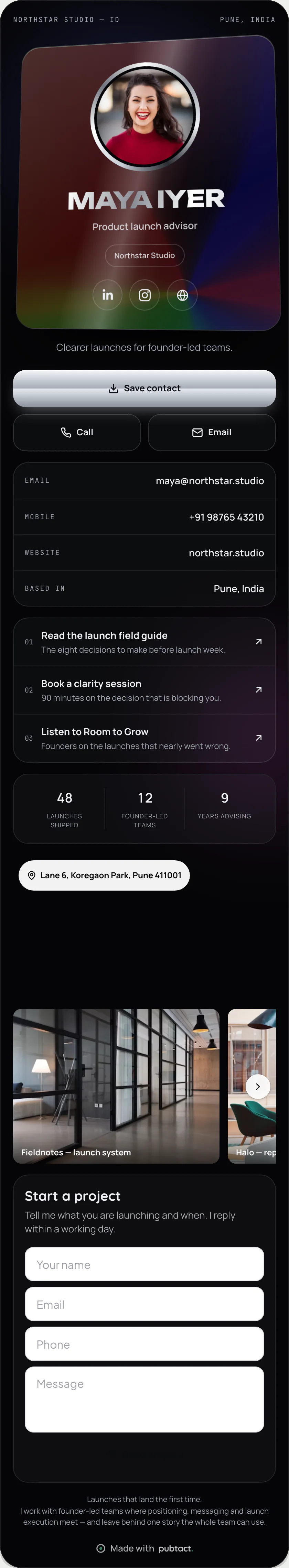 Chrome: a published Pubtact contact card, top to bottom