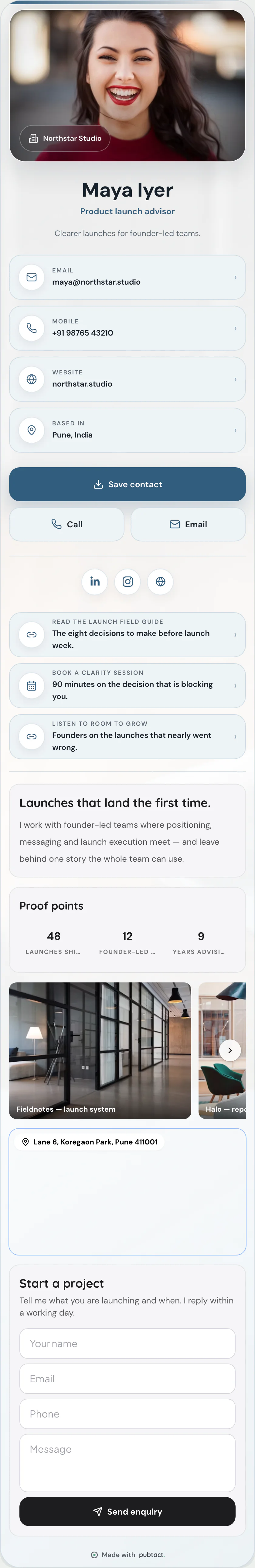 Serene: a published Pubtact contact card, top to bottom