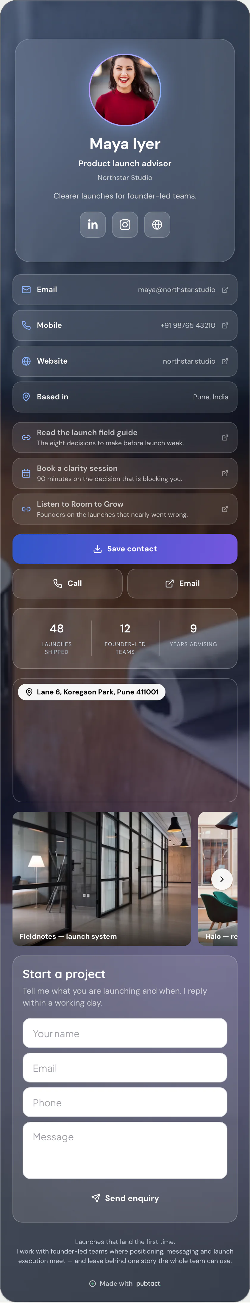 Glass: a published Pubtact contact card, top to bottom