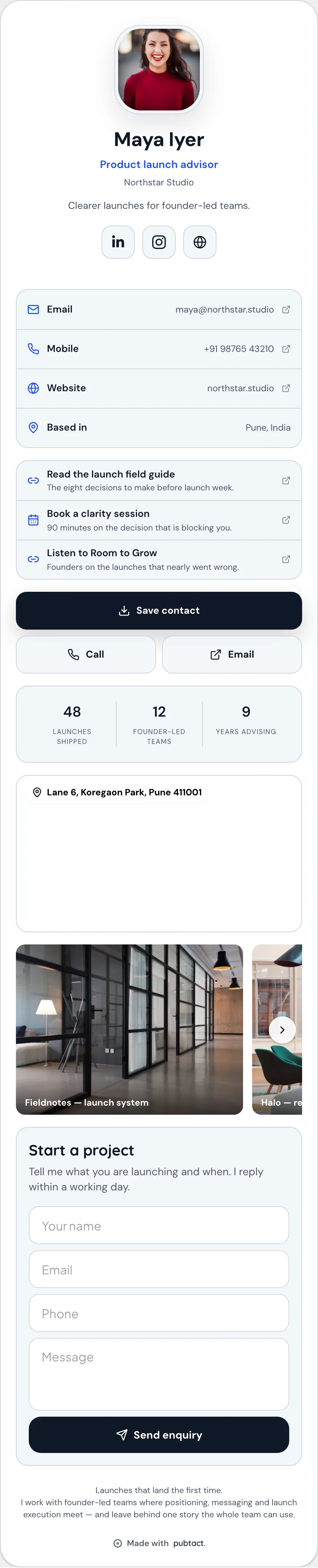 Portrait · Heritage: a published Pubtact contact card, top to bottom