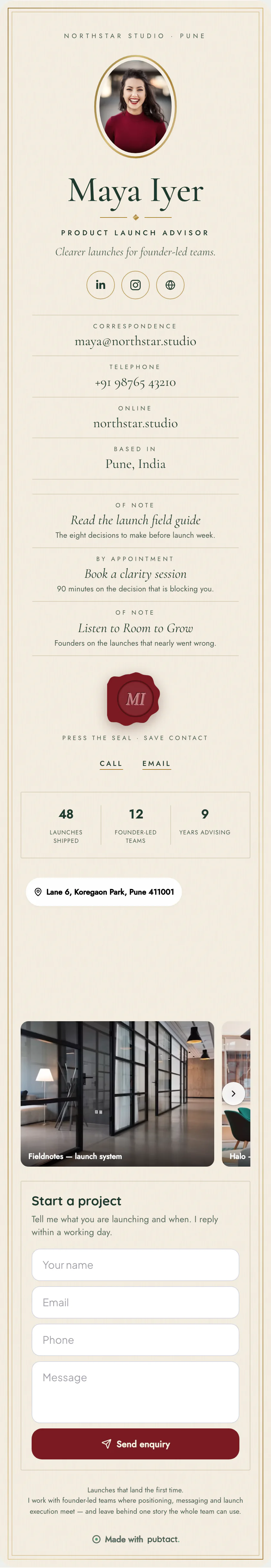 Letterpress: a published Pubtact contact card, top to bottom