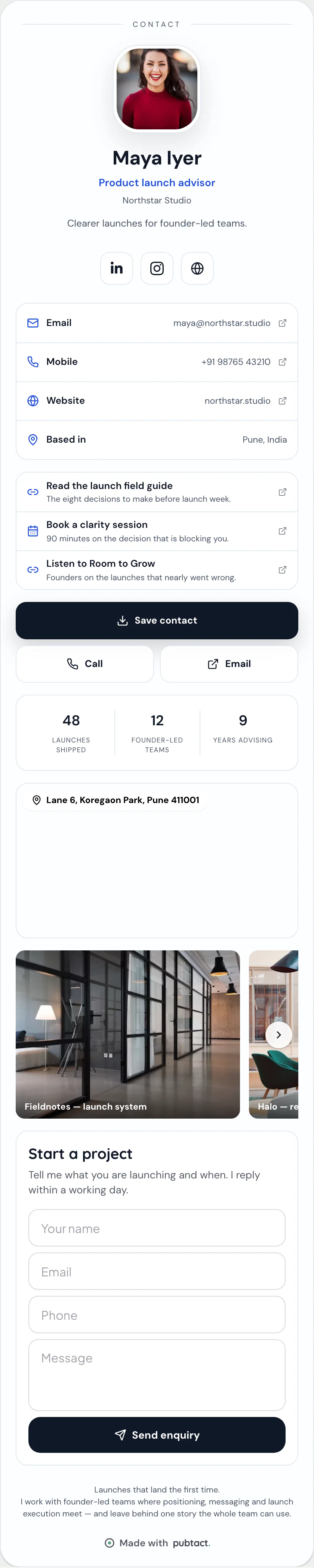 Portrait: a published Pubtact contact card, top to bottom
