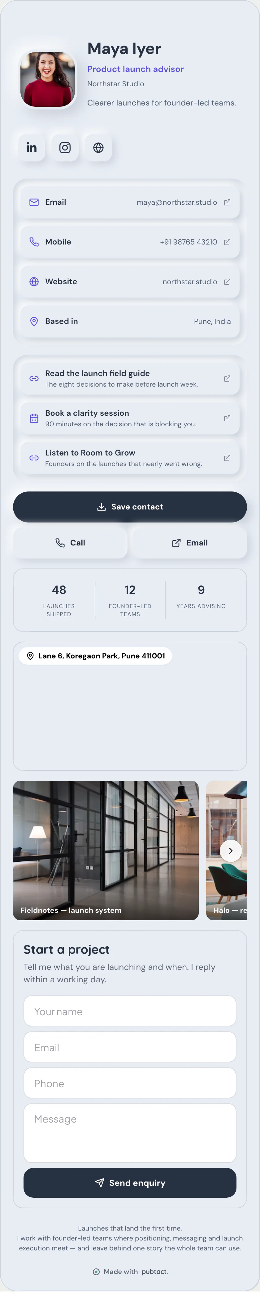 Soft Relief: a published Pubtact contact card, top to bottom