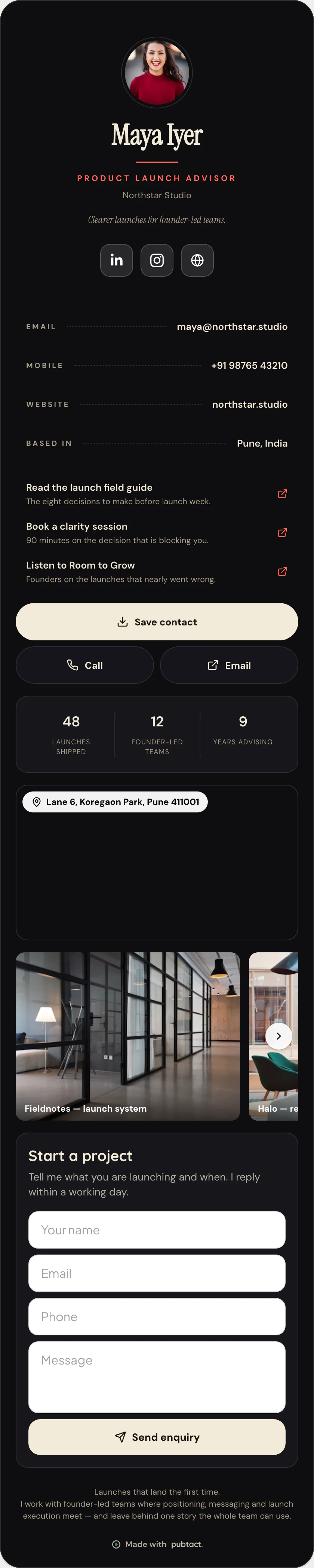 Marquee: a published Pubtact contact card, top to bottom