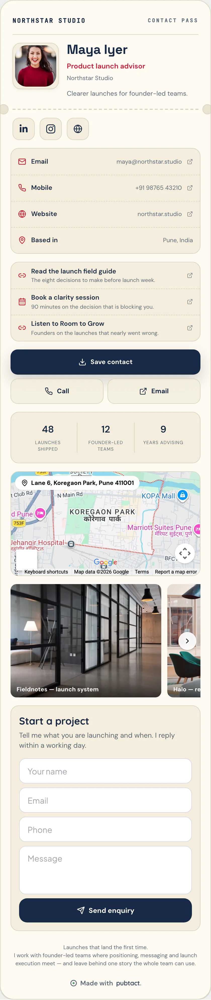 Transit: a published Pubtact contact card, top to bottom