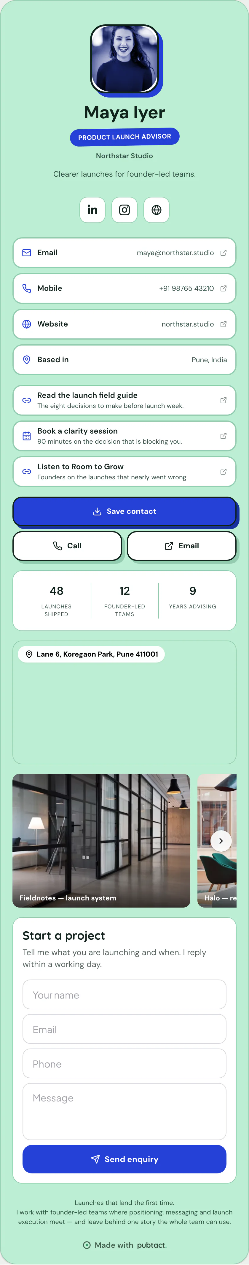 Duotone: a published Pubtact contact card, top to bottom