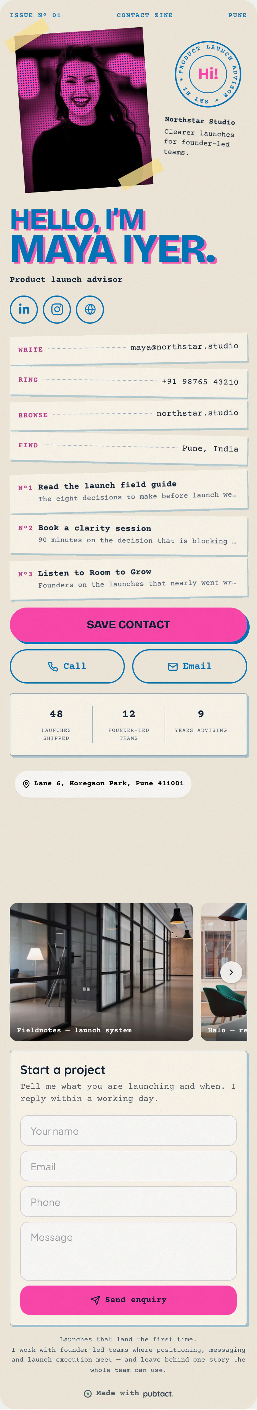 Riso Zine: a published Pubtact contact card, top to bottom