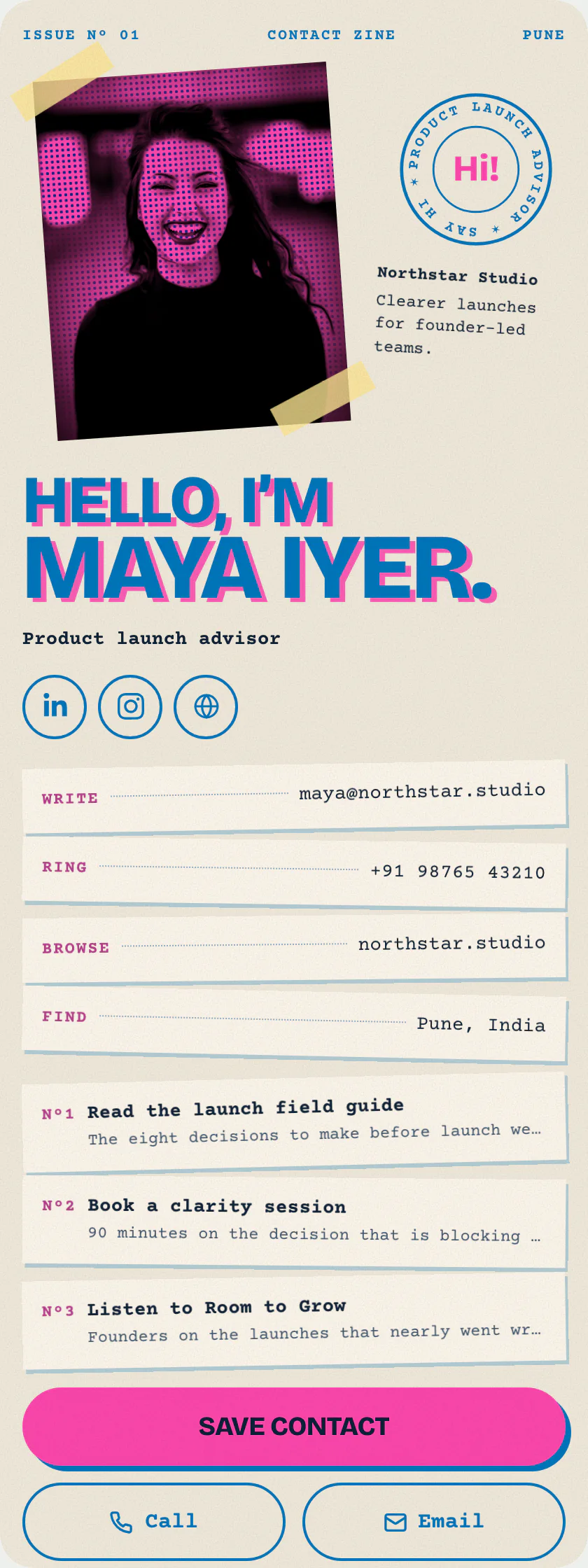 A published Pubtact page a QR code business card opens