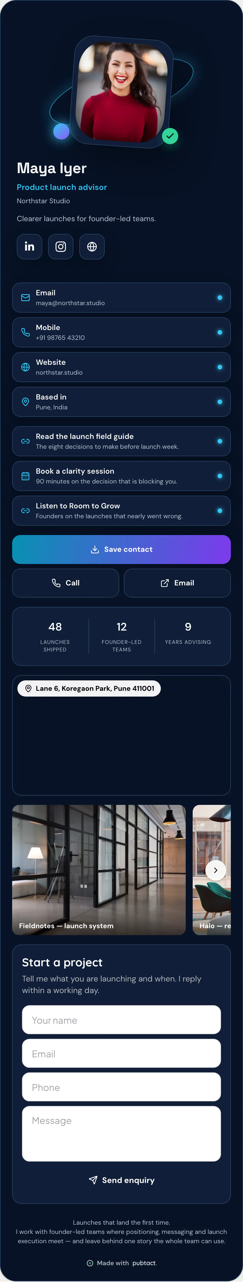 Spatial: a published Pubtact contact card, top to bottom