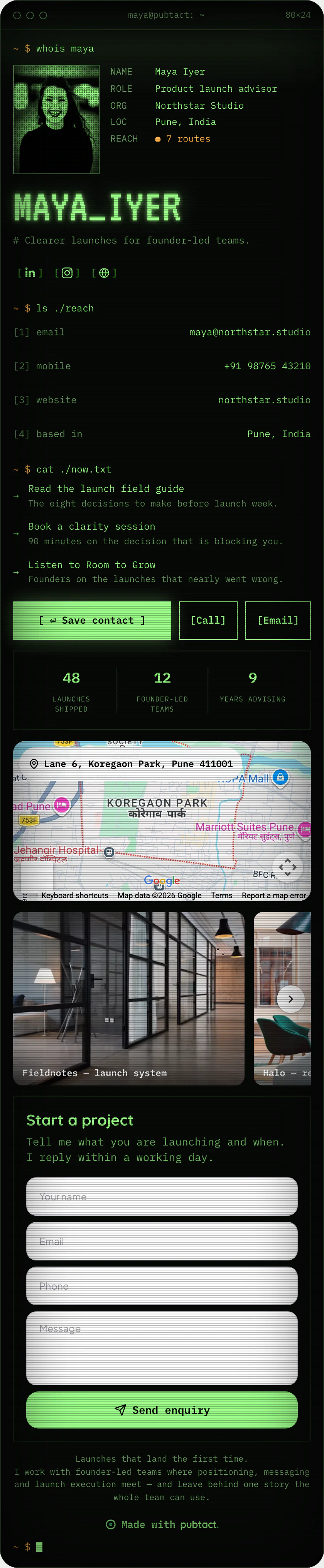 Terminal: a published Pubtact contact card, top to bottom