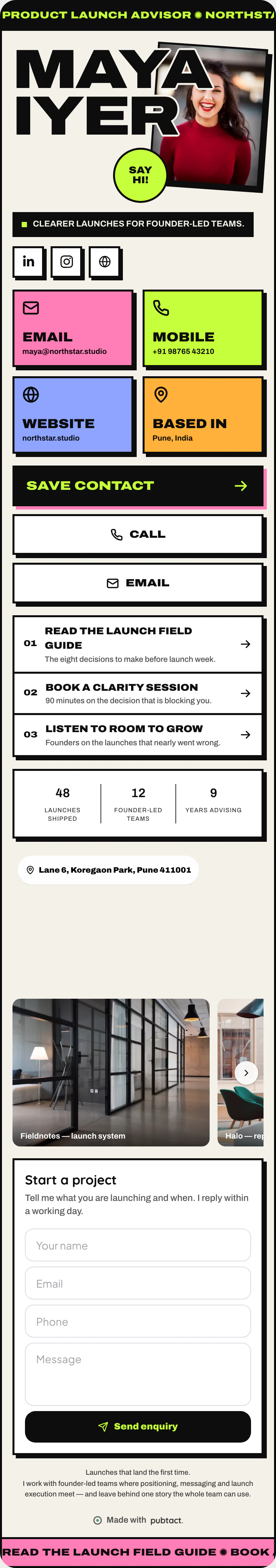 Ticker: a published Pubtact contact card, top to bottom