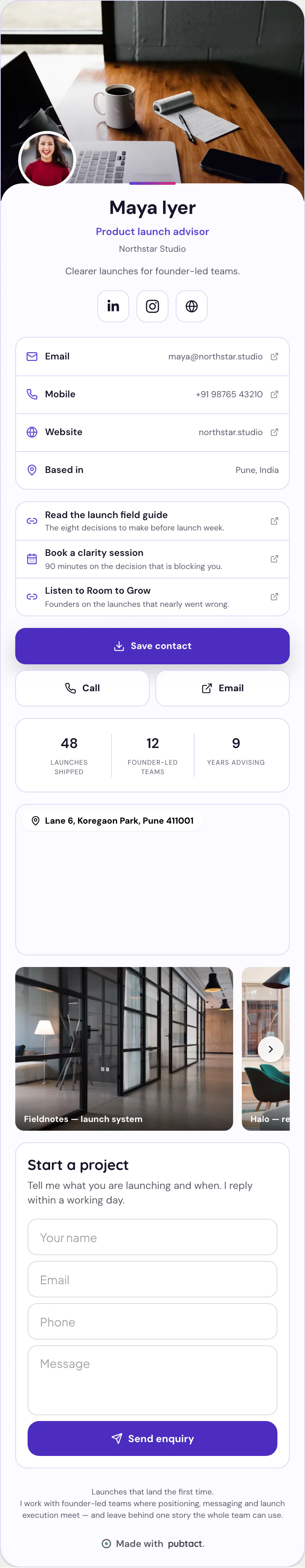 Vibrant: a published Pubtact contact card, top to bottom