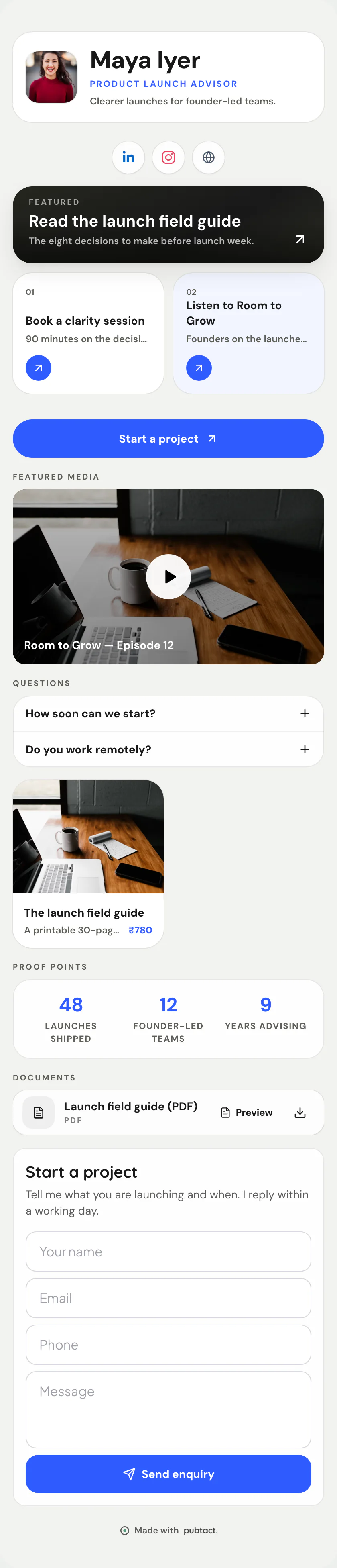 Bento Board: a published Pubtact link page, top to bottom