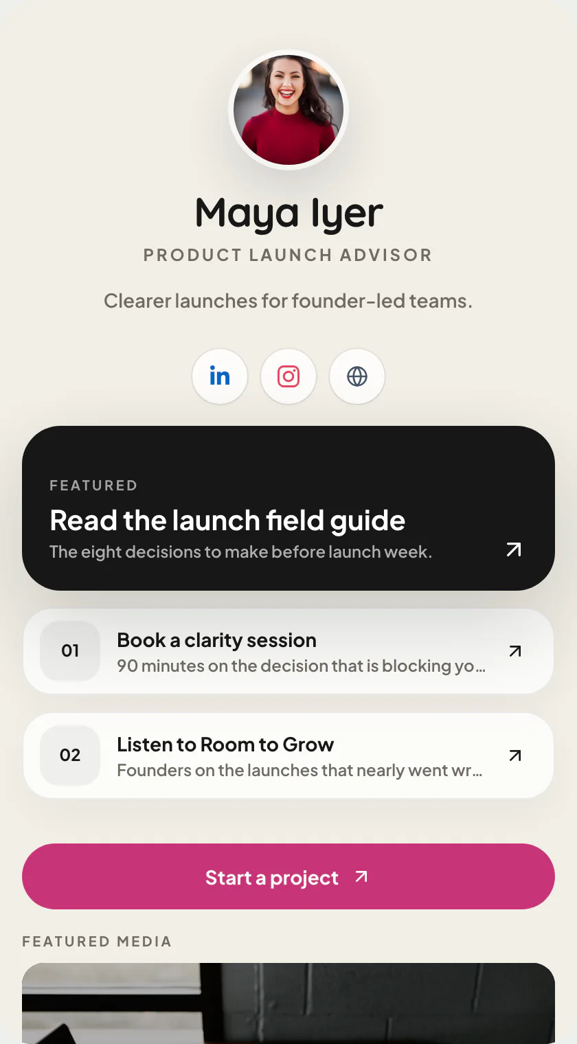 A published Pubtact link page, as visitors see it on a phone