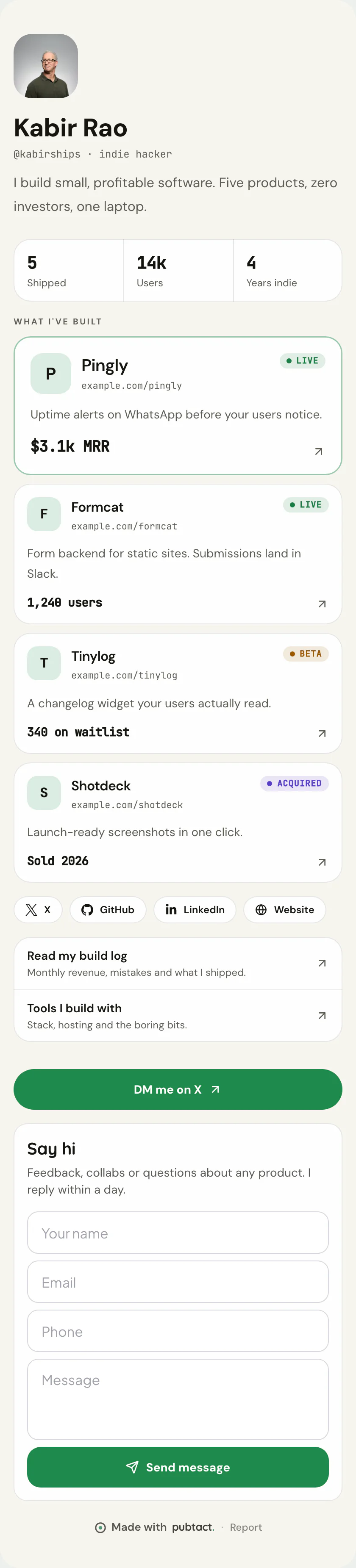 Maker Shelf: a published Pubtact link page, top to bottom