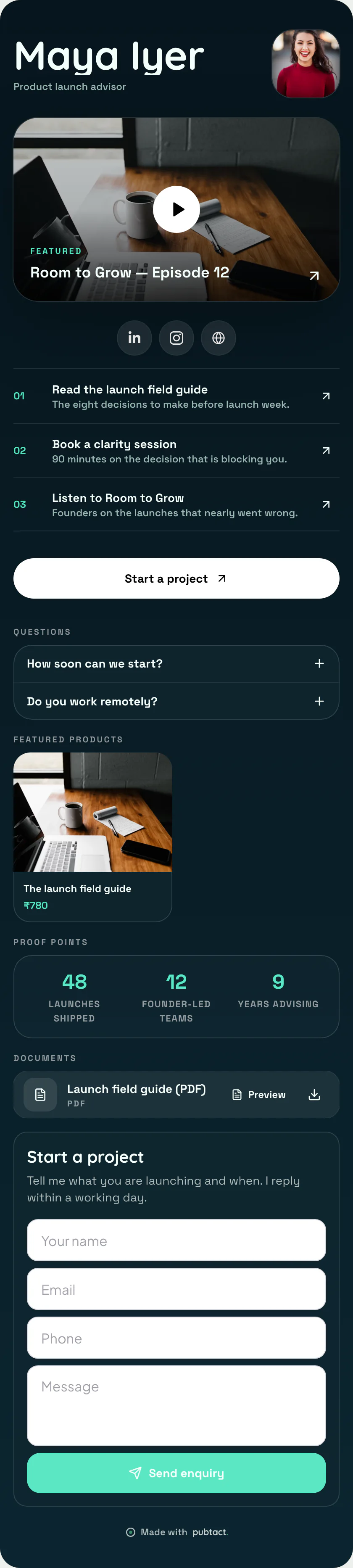 Premiere Drop: a published Pubtact link page, top to bottom