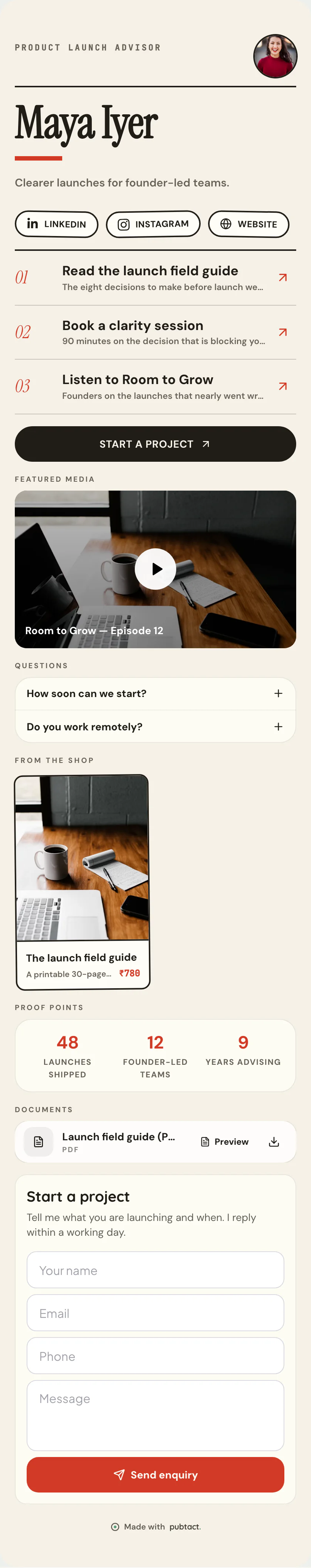 Print Shop: a published Pubtact link page, top to bottom