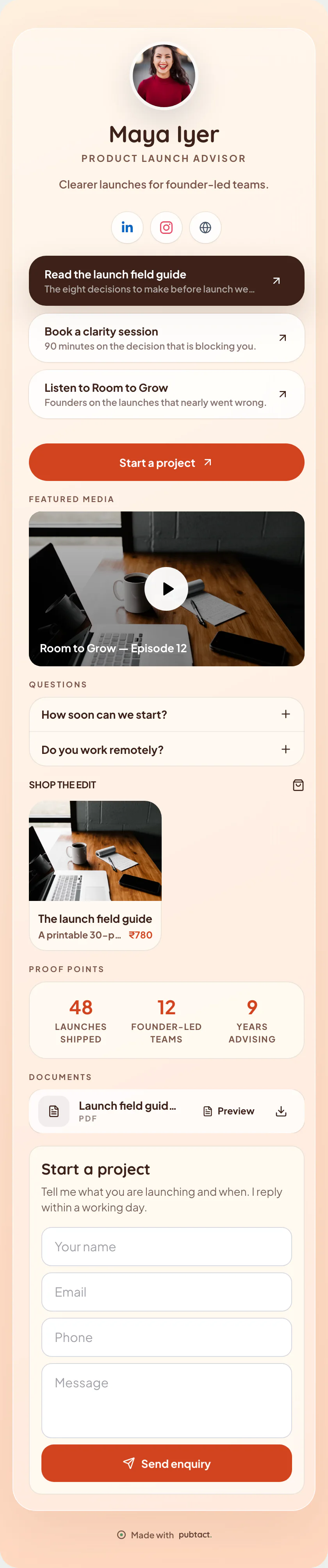 Curated Shop: a published Pubtact link page, top to bottom