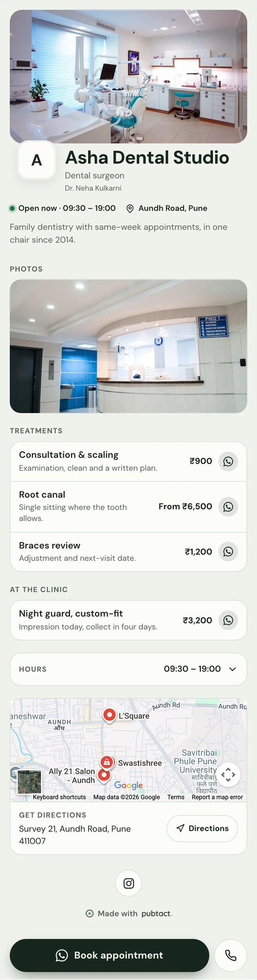 A finished digital visiting card for doctors, built on Medical / Clinic — the whole page