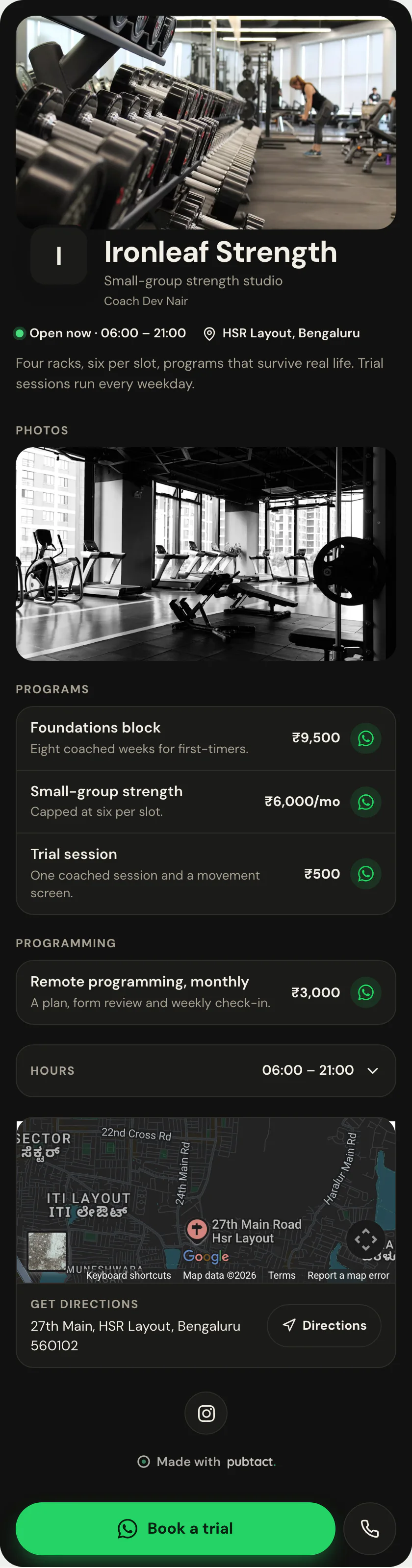 Fitness + Coaching: a published Pubtact storefront, top to bottom