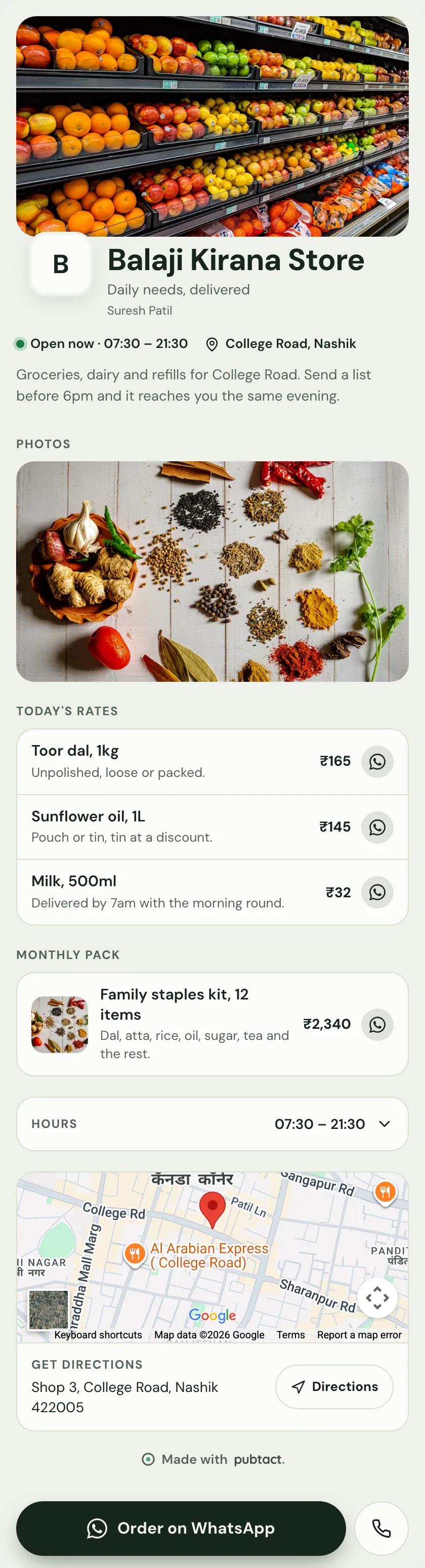 Kirana + General Store: a published Pubtact storefront, top to bottom