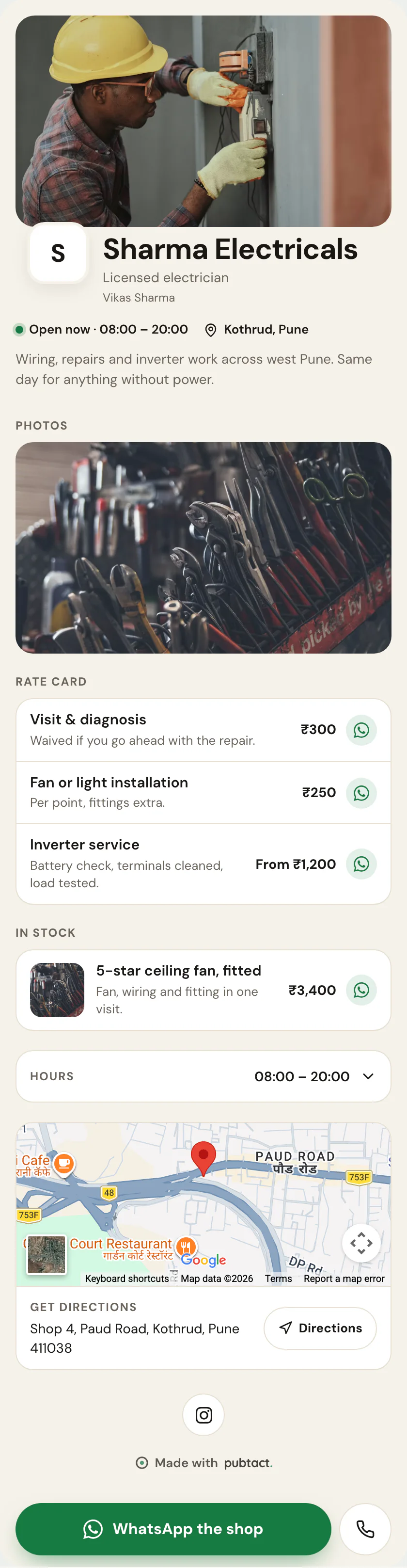 A finished digital business card for electricians and plumbers, built on Local Service — the whole page
