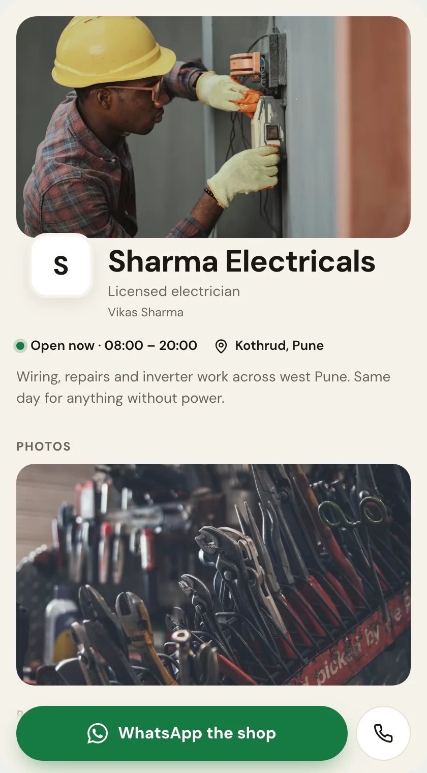 The recommended layout for a digital business card for electricians and plumbers