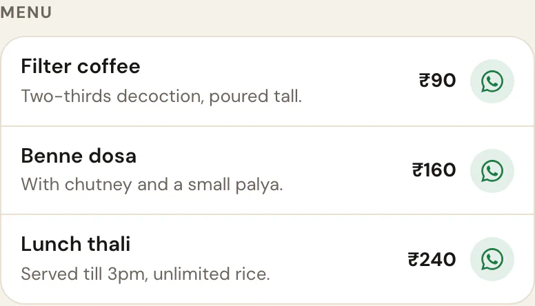 The menu by section block on Food + Orders