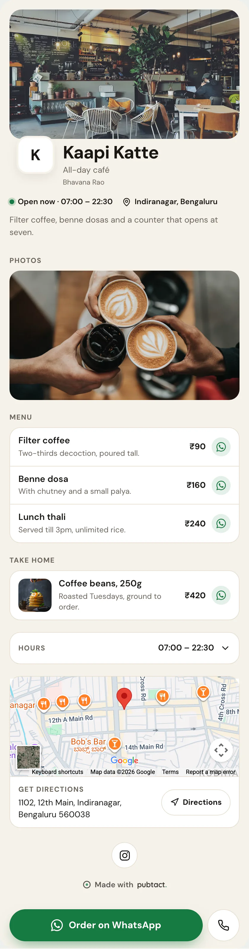 A finished digital menu page for restaurants, built on Food + Orders — the whole page