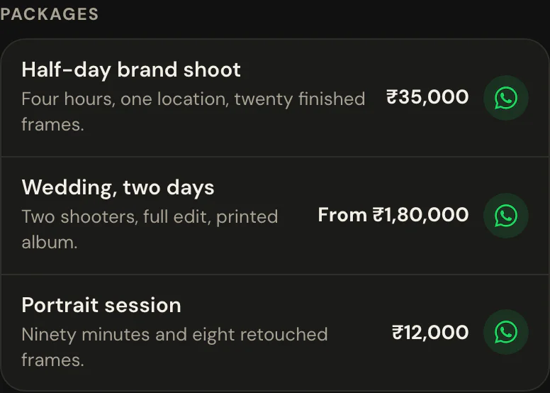 The shoot packages block on Photography Studio