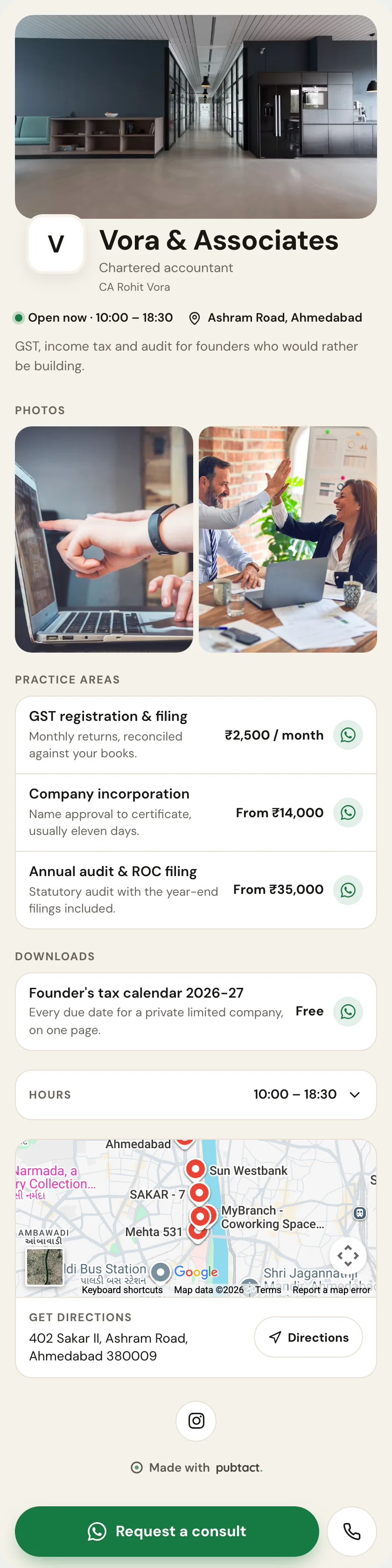 A finished digital visiting card for chartered accountants, built on Professional Services — the whole page