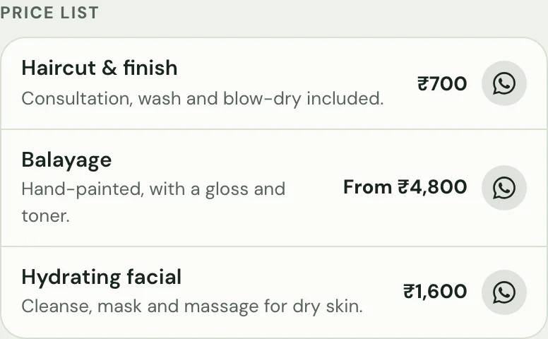 The price list by service block on Salon + Spa