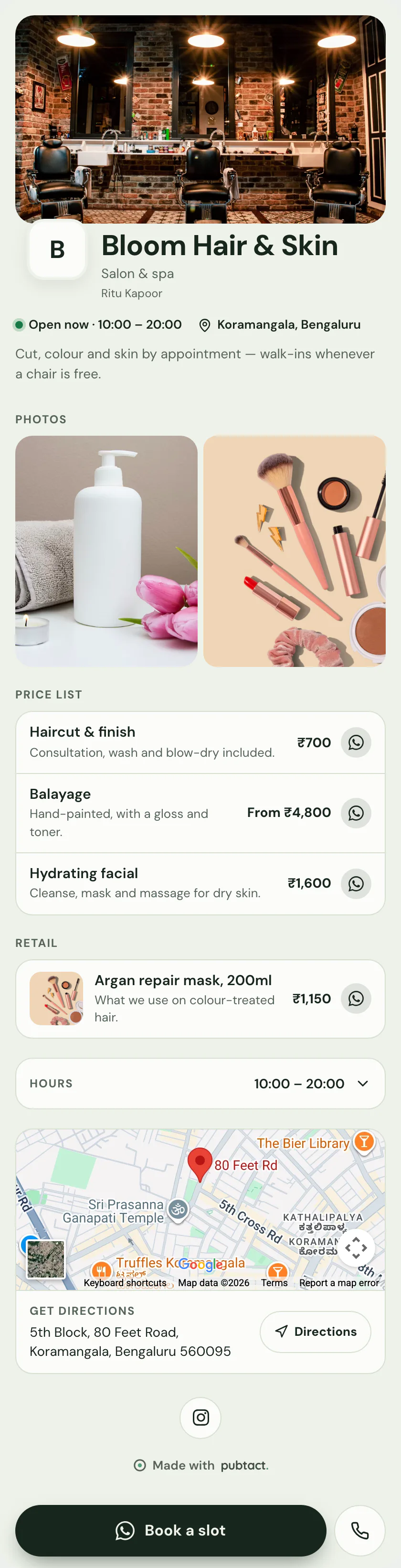 A finished digital card for salons and barbers, built on Salon + Spa — the whole page