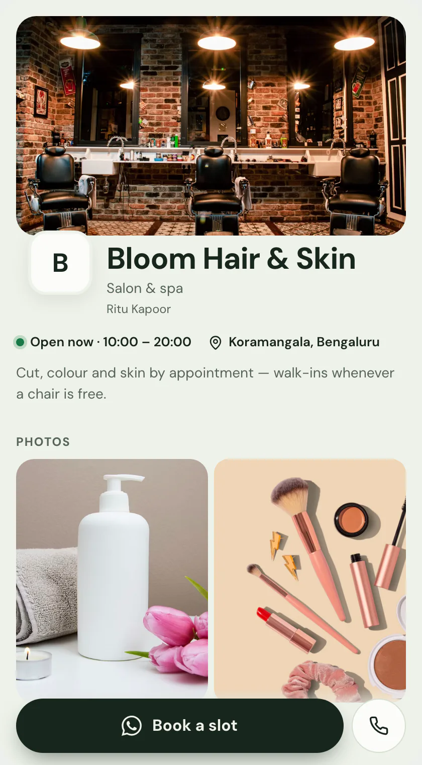 The recommended layout for a digital card for salons and barbers